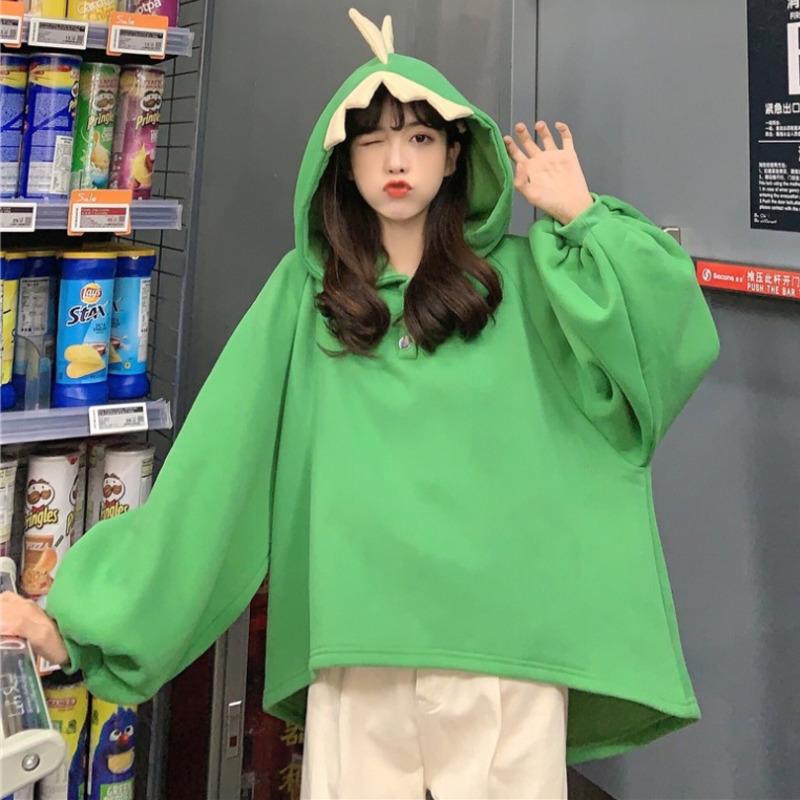Осенние женские толстовки с капюшоном в виде рога динозавра из мультфильма Harajuku, симпатичные толстовки с короткими рукавами сзади, длинный свитер, повседневный свободный спортивный костюм