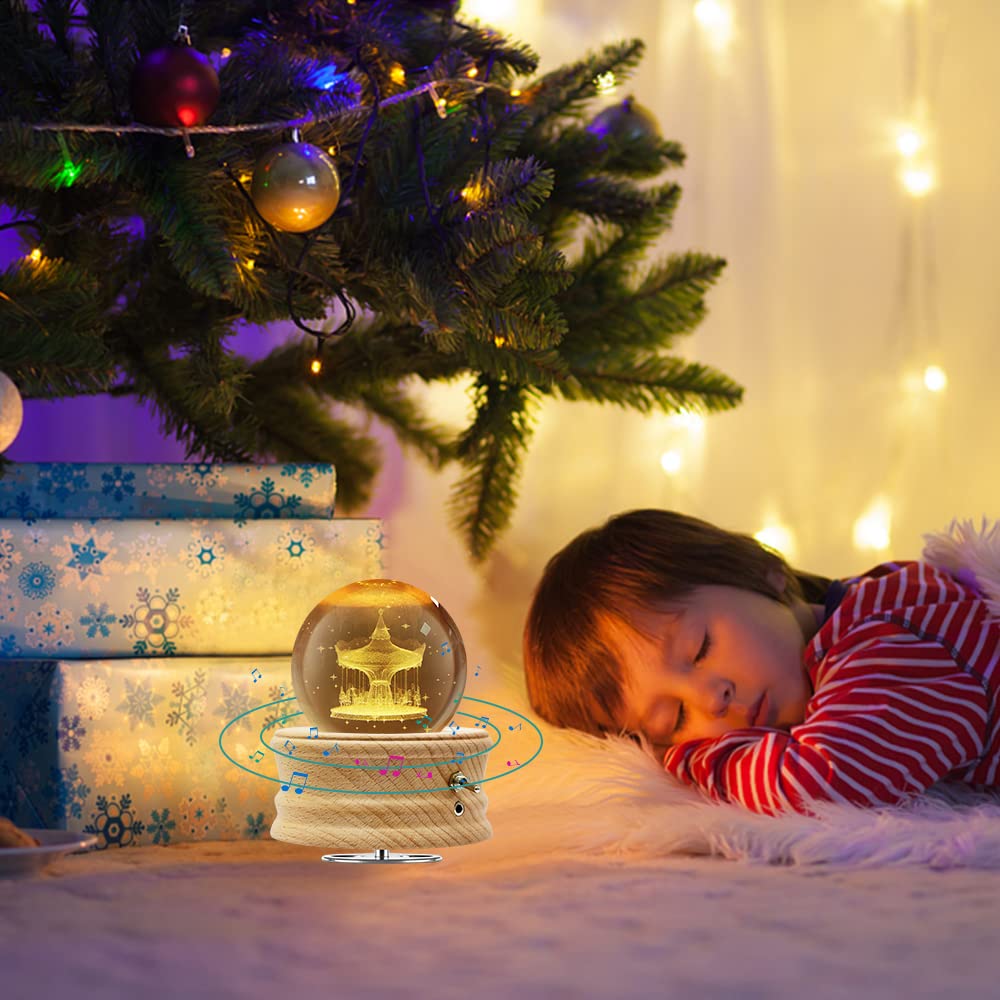 Mozalida Music Box Perfect As a Birthday Christmas Snow Globe Day Moon or for with Ambient Bedside LED USB and Projection Handmade Wooden Interior
