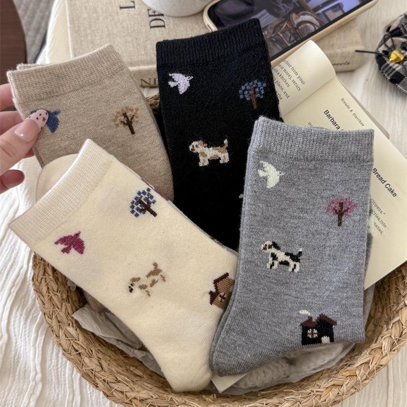 Puppy Cute Kids Grey Cartoon Animal Mid Socks Thickened Wool Socks Warm Pile Socks