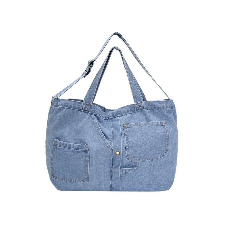 Large Capacity Soft Blue Denim Shoulder Bag Trendy Casual Design For Everyday