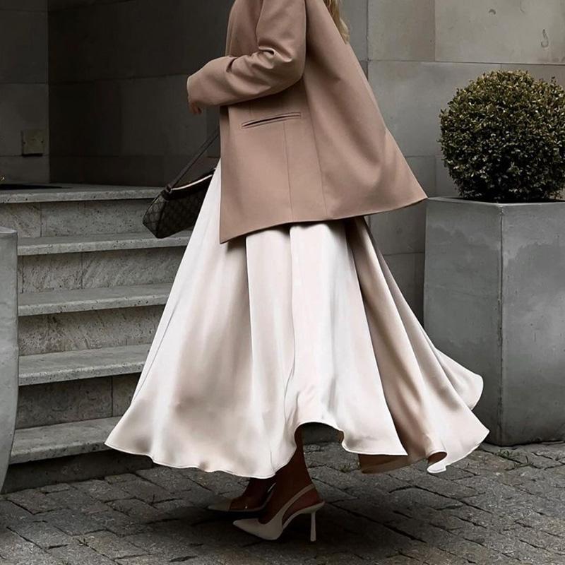 Женская летняя элегантная атласная однотонная юбка с высокой талией, повседневная трапециевидная юбка с оборками