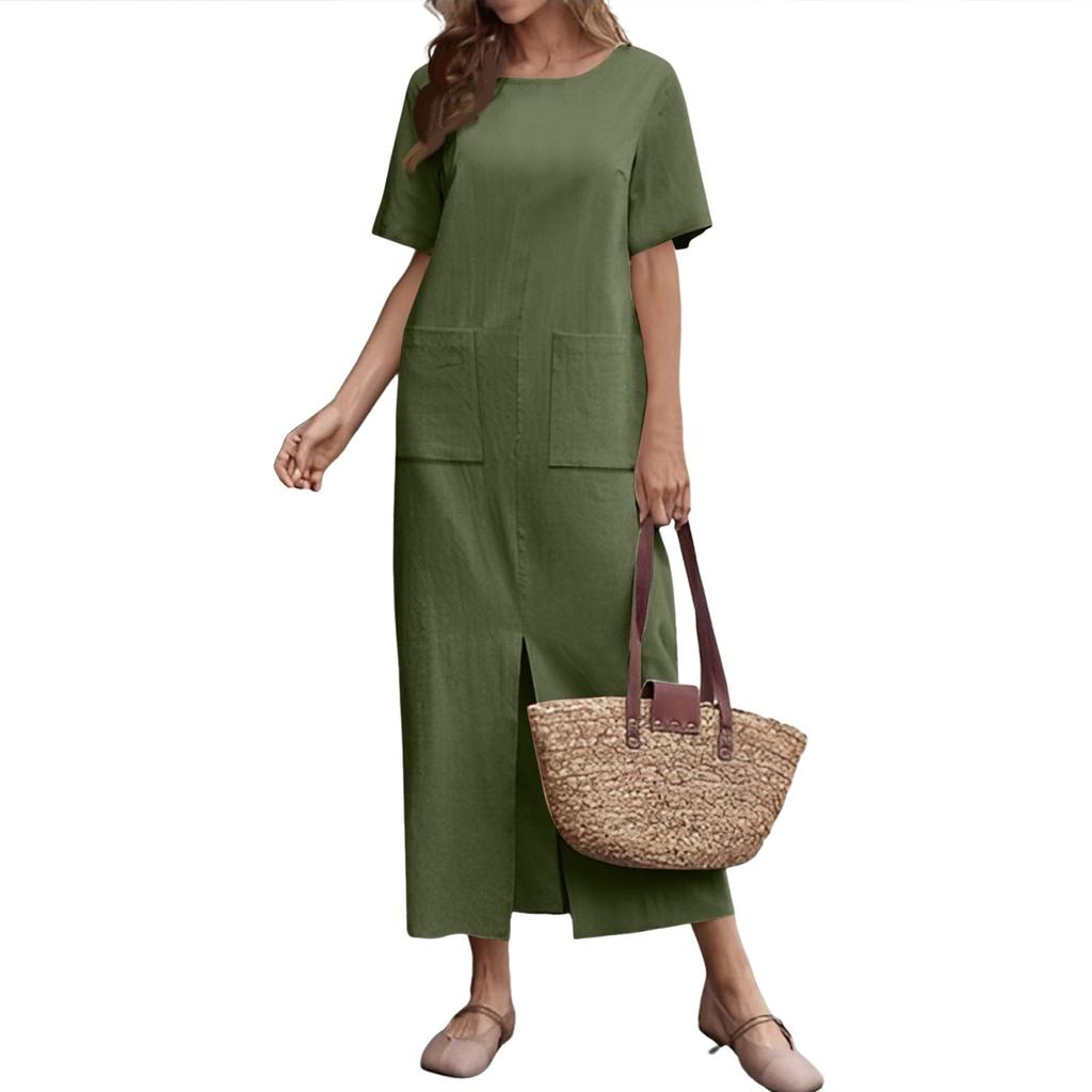 Женское модное платье из хлопка и льна, однотонное, свободное, с круглым вырезом и коротким рукавом