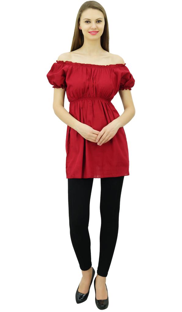 Bimba Женские топы с открытыми плечами и пышными рукавами, блузка с эластичной талией, хлопок