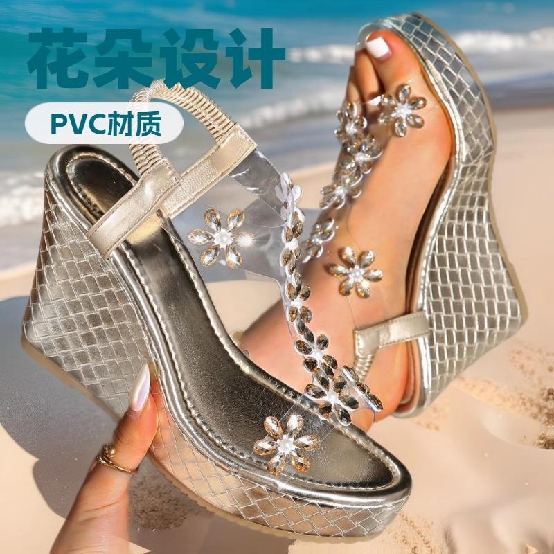 Прозрачные босоножки на покатом каблуке, женские летние цветочные туфли на высоком каблуке, женские туфли большого размера