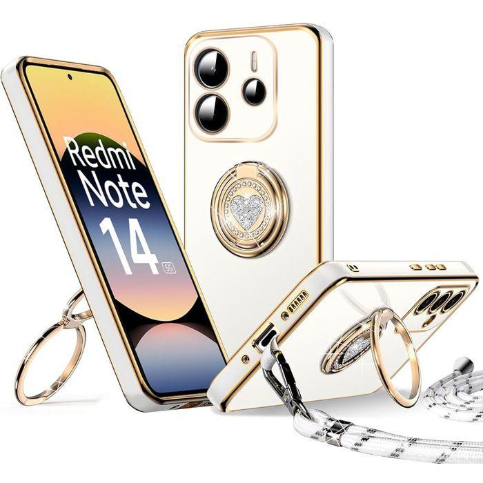 Coque de protection - E.F.CONNECTION - Pour Xiaomi Redmi Note 14 5G - Silicone souple - Cordon - Anneau brillant