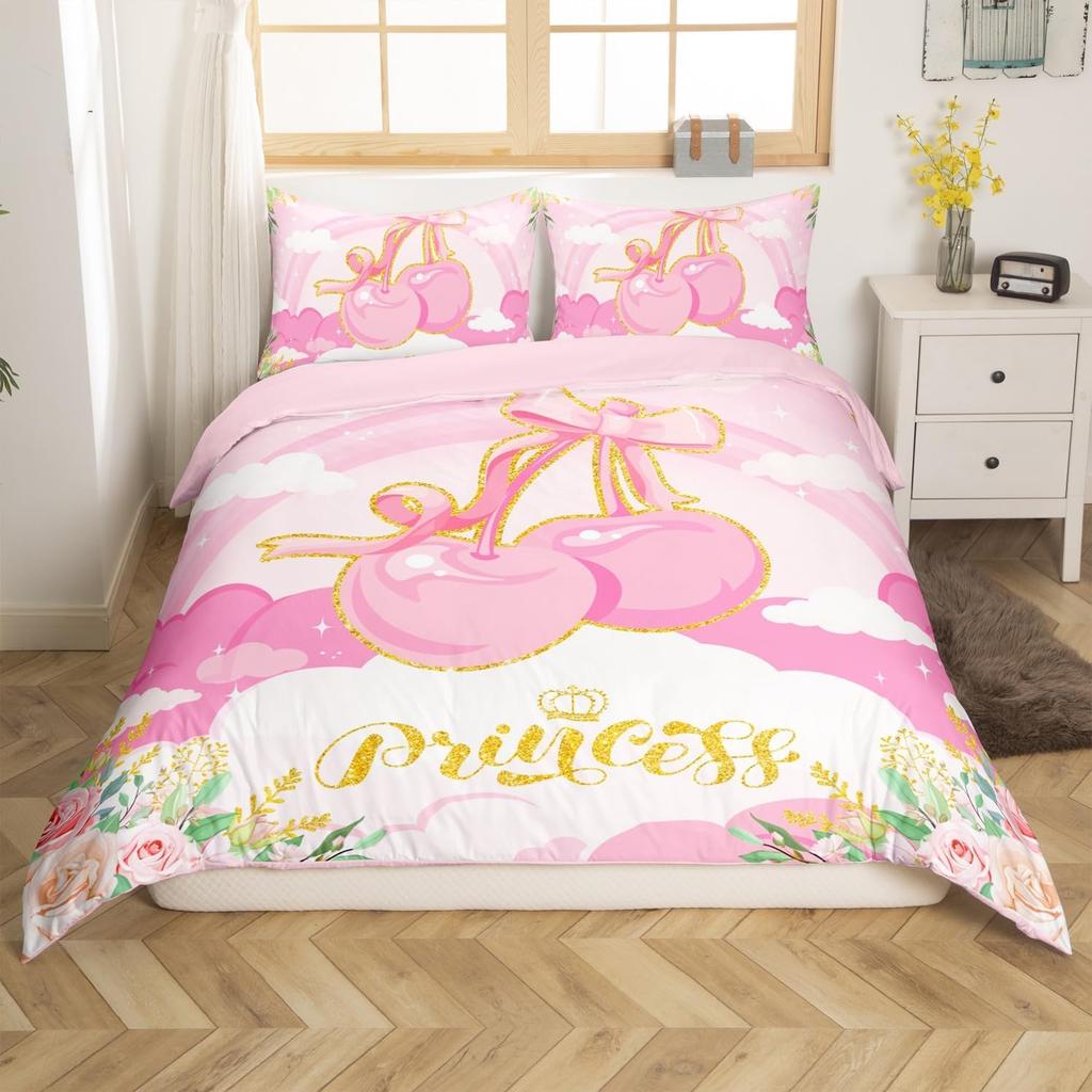 Fairy Tale Castle Bedding Set Twin QueenGirly Golden Castle Silhouette Duvet CoverBlooming Flowers Botanical Comforter Cover