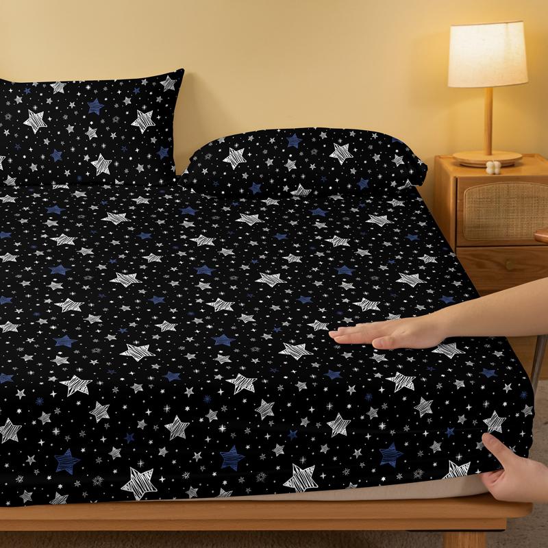 1 Simple Modern Stars Printed Matte Fitted Sheet, Bedroom Printed Bed Cover, Bedding (Excluding Pillowcases)