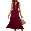 Women's Summer Casual V-Neck Button Front Sleeveless Tiered Maxi Dress Solid Color Beach Sundress