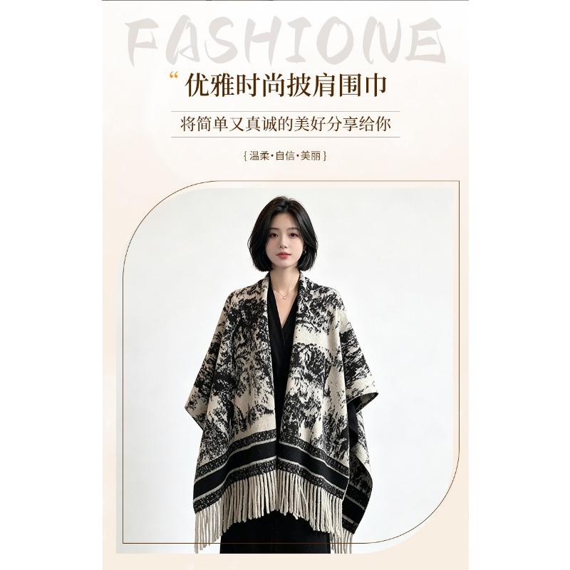 Long Chinese Style Patterned Scarf Warm Travel Decorative Cape For Women