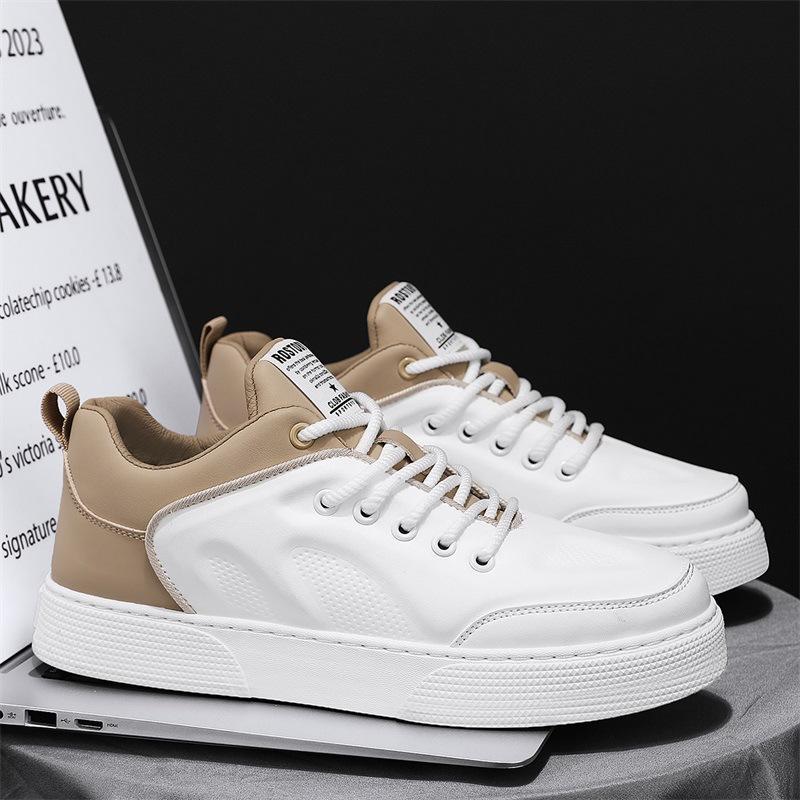Мужская обувь 2024 Новая летняя тенденция Универсальные спортивные и повседневные кеды с низким верхом для подростков, увеличивающие рост, с кожаным верхом, белые