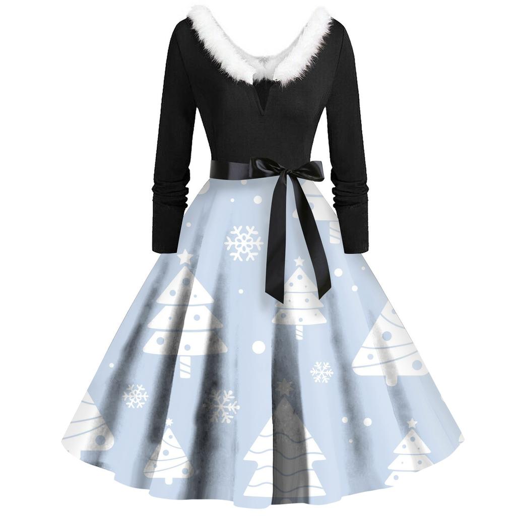 Women Vintage Long Sleeve Christmas Print 1950s Housewife Evening Party Prom Dress