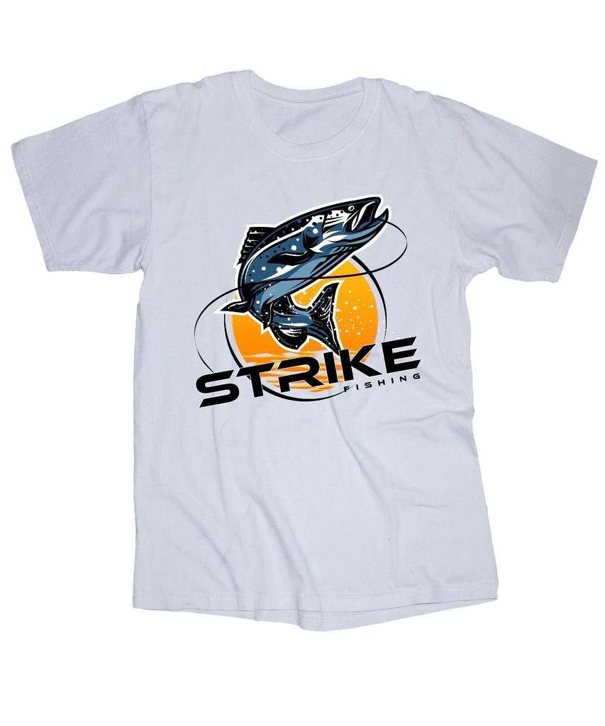 STRIKE FISHING white T-shirt Bass Trout Lake Boating Outdoors Fishing Rod Lures