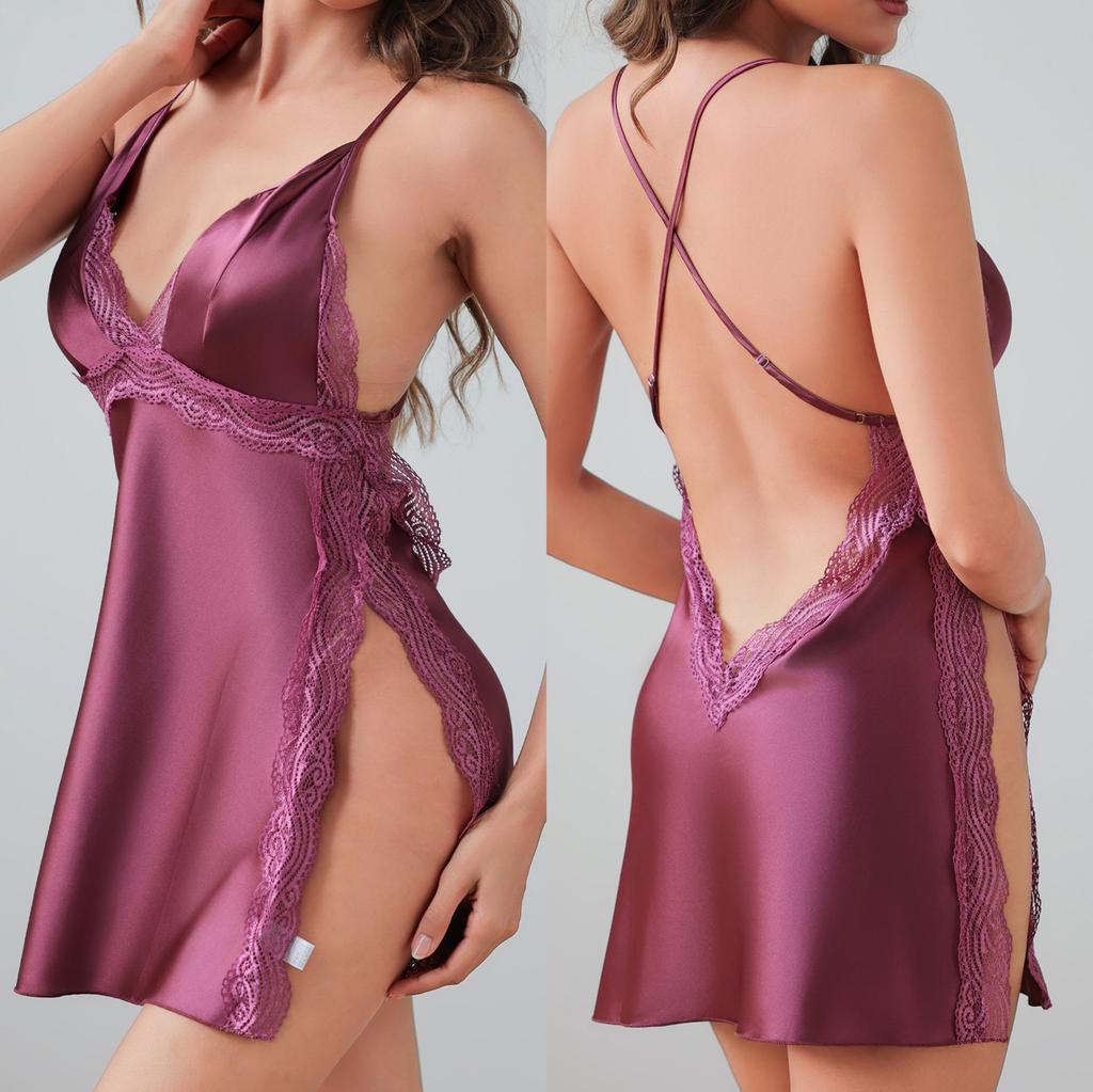 Сексуальная ночная сорочка в европейском и американском стиле с кружевной отделкой, открытой спиной и боковым разрезом, женская юбка на бретелях SH8181