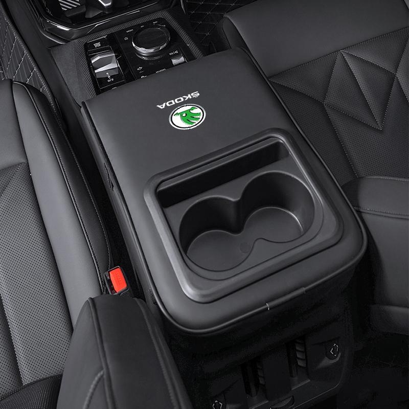 BTSN5 Car Armrest Box Cushion Leather Soft Pad With Cup Holder For Skoda Kylaq Elroq Octavia Enyaq Kamiq Scala Rapid Superb Karoq Yeti
