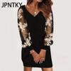 JPNTKY Women's Fashion Autumn Winter Solid Color Print Long Sleeve V-Neck Casual Dresses