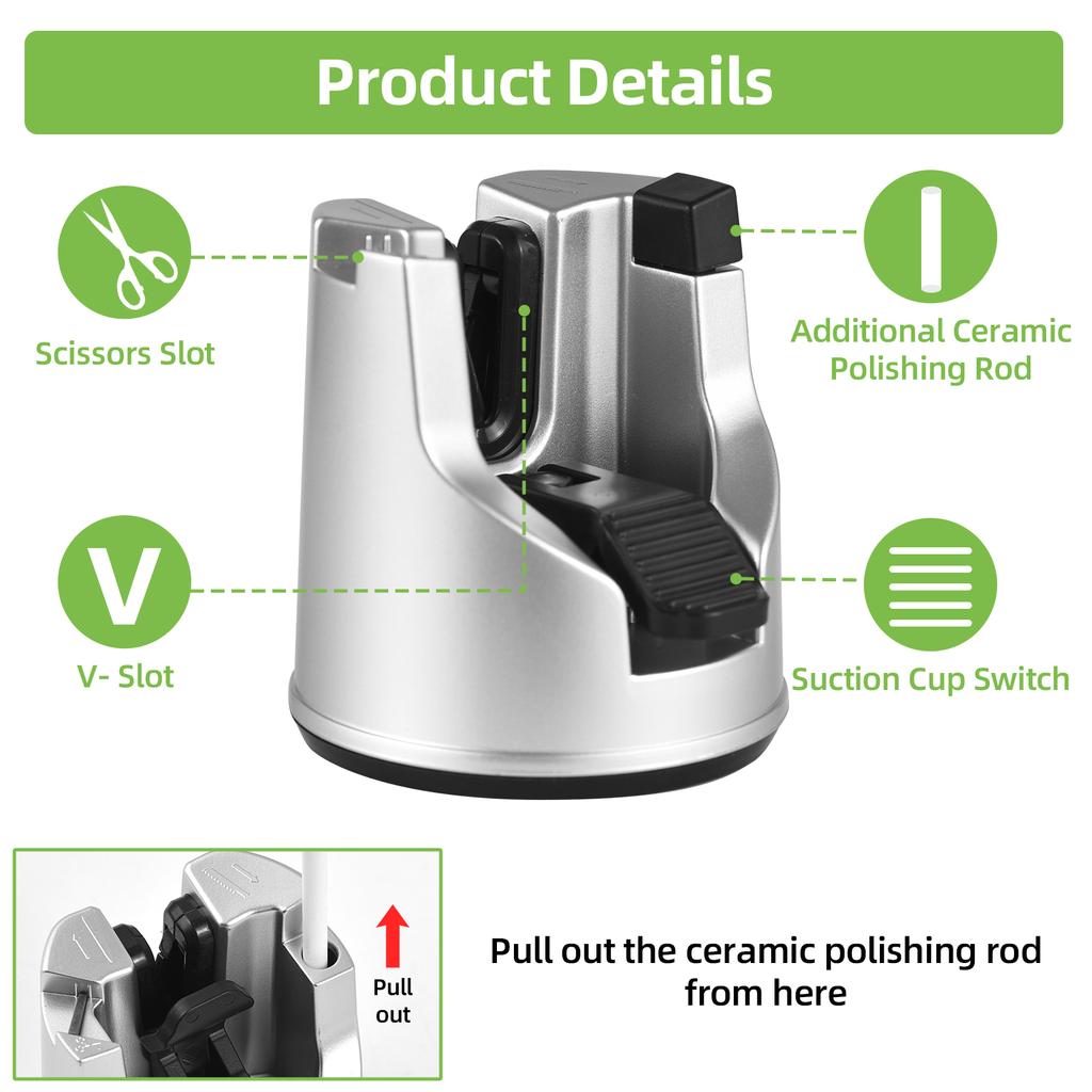 3-в-1 точилка для ножей из вольфрамовой стали, ручная кухонная точилка с присоской, полировальный стержень