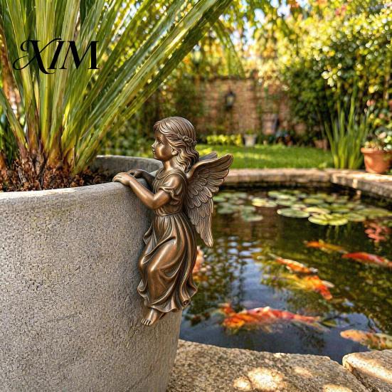 Detailed Hand Carved Statues Vintage Angel Girl Statue, Planter Climber Cute Retro Resin Figurine for Flower Pot Edge Decor Statue