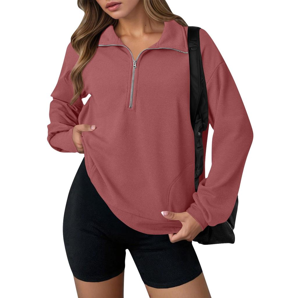 Women's Fashion Solid Color Zipper Lapel Solid Color Casual Sweatshirt Loose