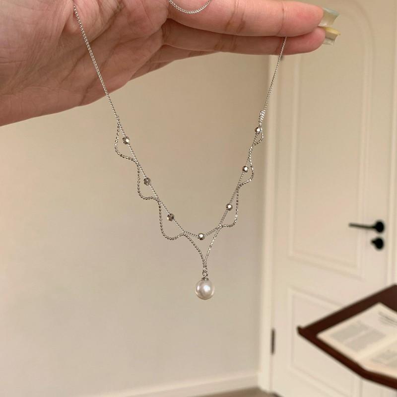 Elegant Geometric Pearl Lace Pendant Necklace Women Gold Plated Copper Chain 41-50cm Adjustable Length INS Style