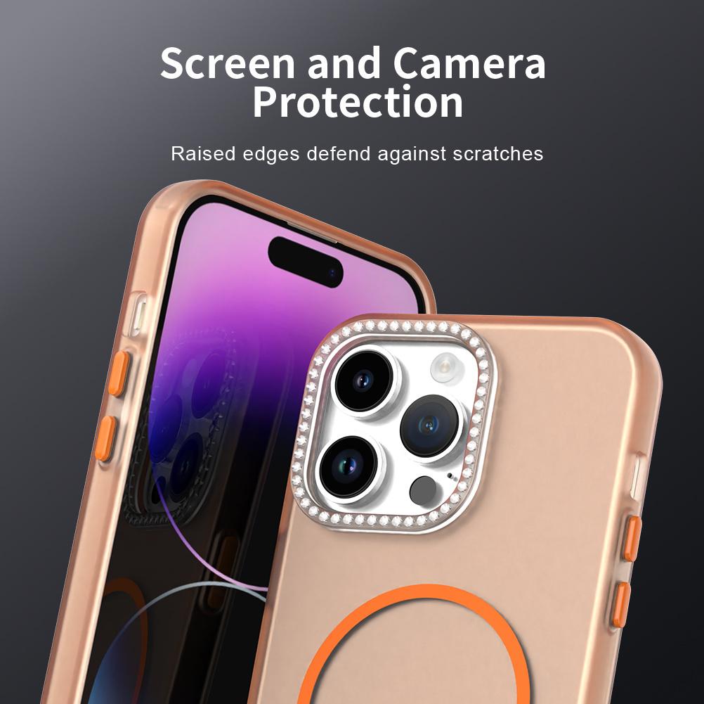For iPhone 14 Pro Case Compatible with MagSafe TPU+PC+PET Phone Cover Rhinestone Decor Lens Frame