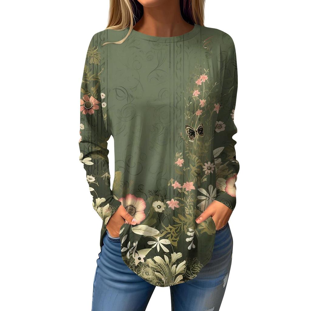 Tee Shirts For Women Fall Casual Long Sleeve Shirts Sweatshirt Retro Printing Top Pullover