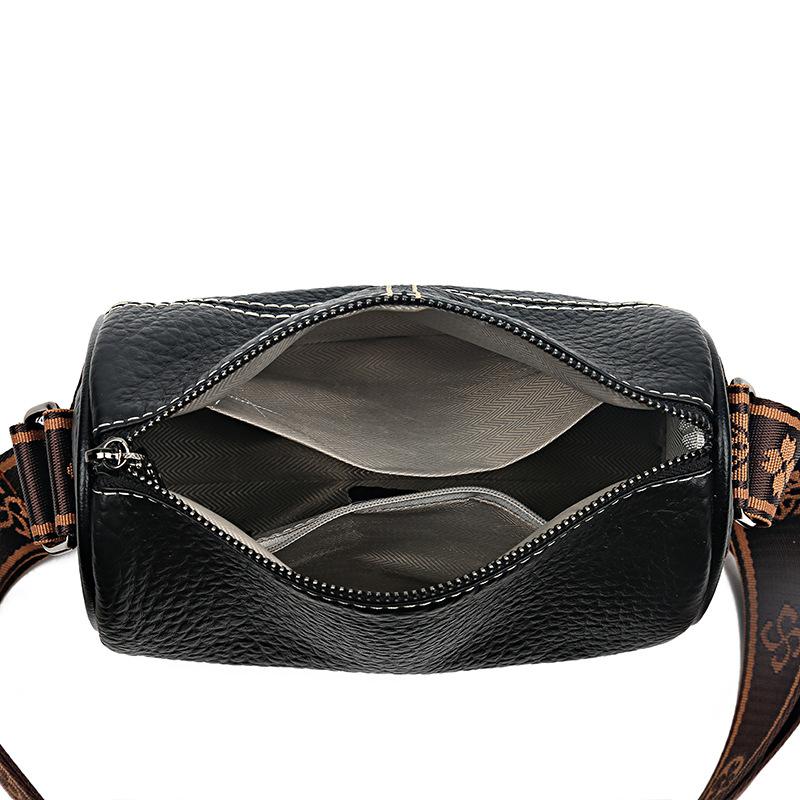 Head Layer Cowhide Women's Shoulder Bag, Casual Splicing Leather Crossbody Bag, Wide Shoulder Strap Embroidered Thread Cylindrical Bag