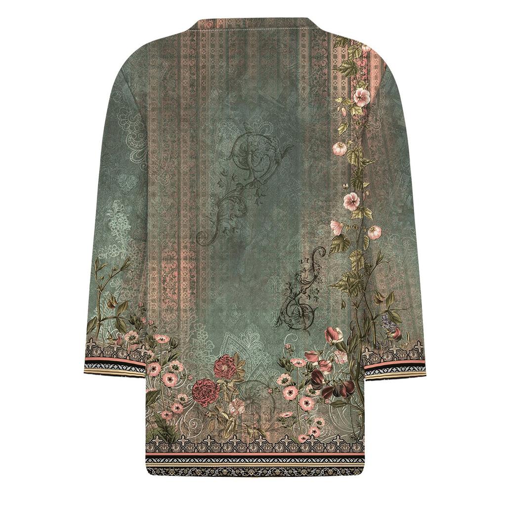 3/4 Length Sleeve Womens Tops Floral Print Vintage Fashion Casual Loose With Round Neck Plus Size Shirts