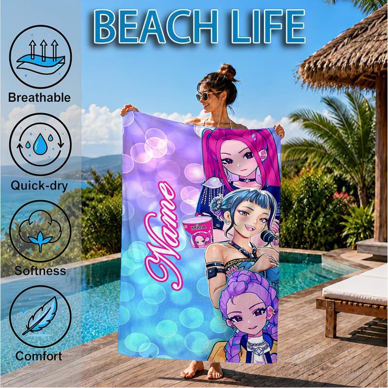 Custom Name KPop Demon Beach Towel Microfiber Beach Towel, Lightweight and Quick-Dry, for Summer Travel, Swimming Pool Gift