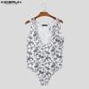 INCERUN Men Deep U Neck Sleeveless Floral Print Bodysuist Leotard Jumpsuits