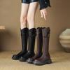 Осень и зима средний каблук большой размер рыцарские сапоги женские толстая подошва нескользящие высокие сапоги круглый носок квадратный каблук новые задняя молния женские сапоги