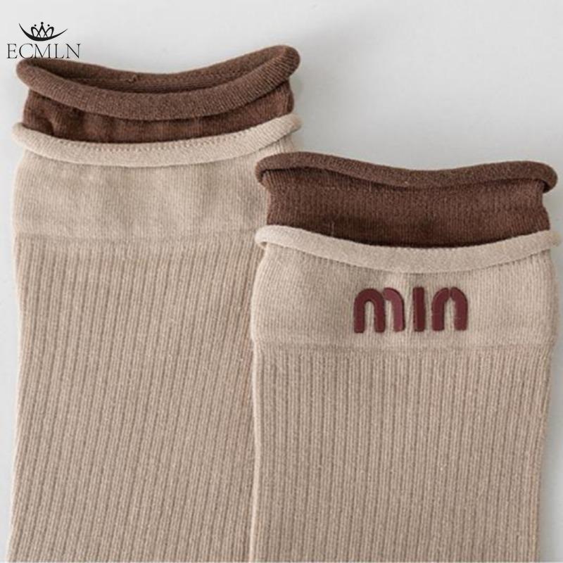 Ангоровые красные женские носки, модные носки средней длины с буквами, женские носки с цветными блоками и загнутыми краями