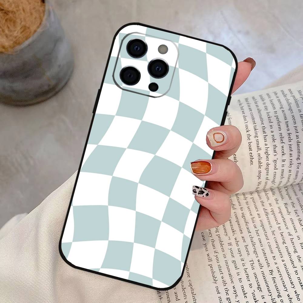 Однотонный клетчатый чехол для телефона для iPhone 17,16,15,14,13,12,11 Plus,Pro Max,XS,Мягкий силиконовый черный чехол
