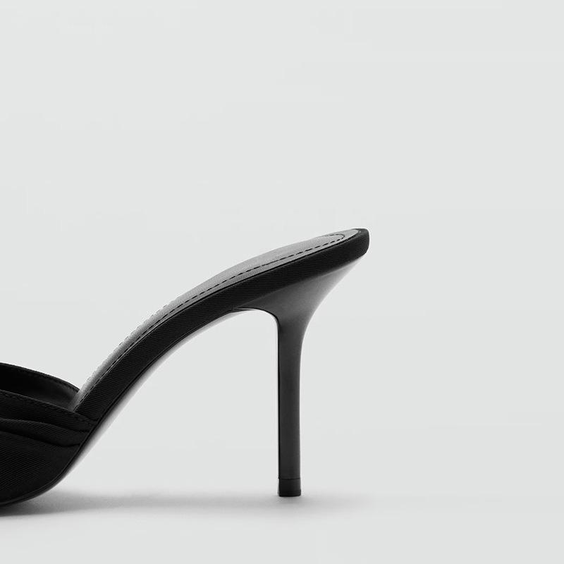 Elegant Bow Decoration Black Heeled Slippers Women Novelty Peep Toe Pleated Slide Sandal Luxury Banquet Dress Shoe Zapatos Mujer