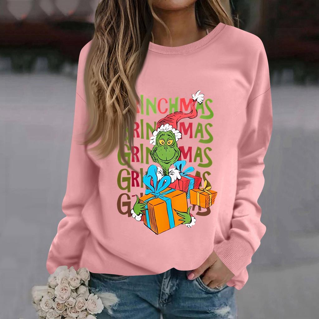 Женская модная повседневная толстовка с длинным рукавом, однотонная, с рождественским принтом, с круглым вырезом