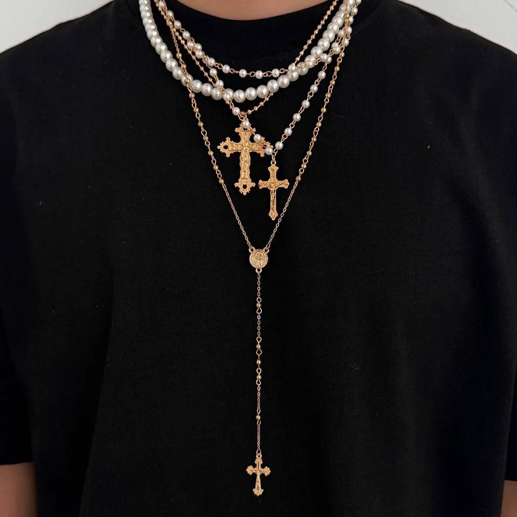 Lacteo 4 Pcs/Set Bohemia Imitation Pearl Choker Necklace Women Vintage Creative Gold Color Cross Pendant Necklace Charm Jewelry