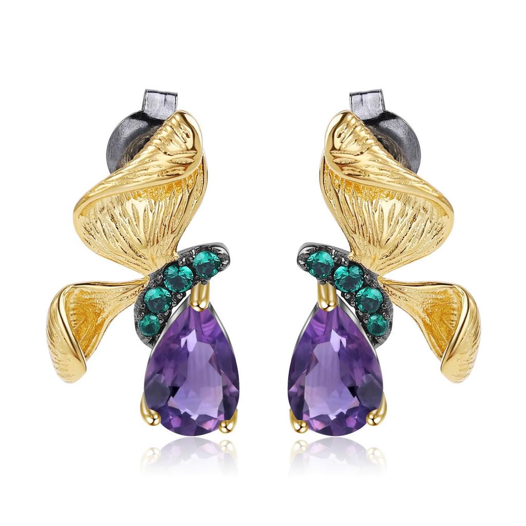 Оригинальные дизайнерские серьги-бабочки в естественном стиле, серебряные серьги 925 пробы с натуральным драгоценным камнем и аметистом, серьги