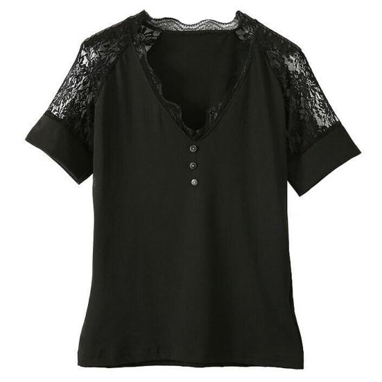 Women Tops V-Neck Hollow Lace Short Sleeve Tee Shirt Slim Fit Solid Color Pullover Tops