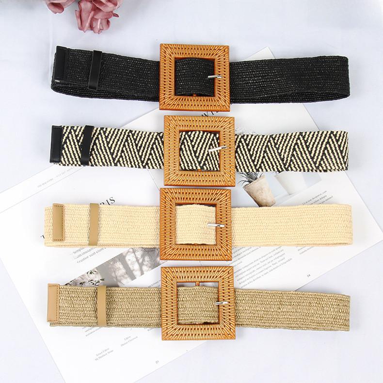 Womens Woven Cotton Linen Waist Belt With Large Round Buckle For Summer Beach Outfits