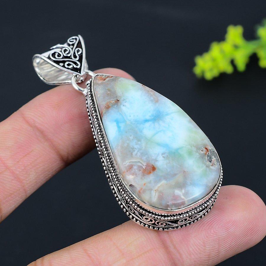 Caribbean Larimar Gemstone Handmade 925 Sterling Silver Pendant 2.44" R2c16