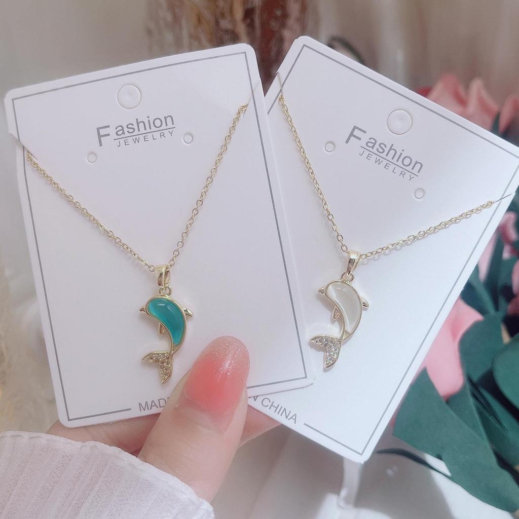 Простое и персонализированное ожерелье с маленьким дельфином из камня кошачий глаз, милая женская публика, популярная цепочка-воротник, универсальные украшения