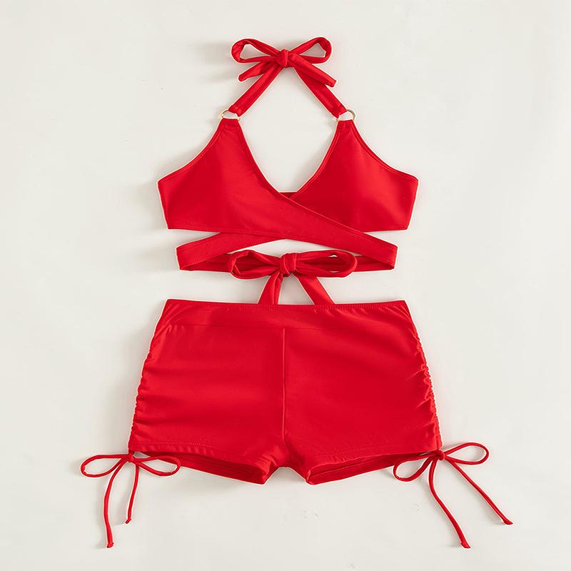 Разноцветный купальник-бикини кросс-халтер 2024 с шортами с плоским вырезом для женщин