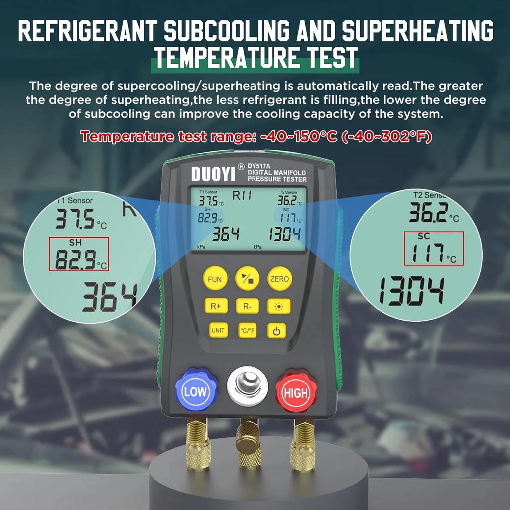 DY517 Digital AC Refrigerant Gauge Kit, HVAC Vacuum Pressure Meter, Electronic Manifold (Batteries Not Included)