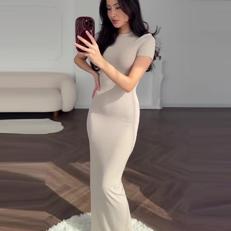 Летнее европейско-американское платье макси с круглым вырезом, облегающее, однотонное, в стиле горячей девушки