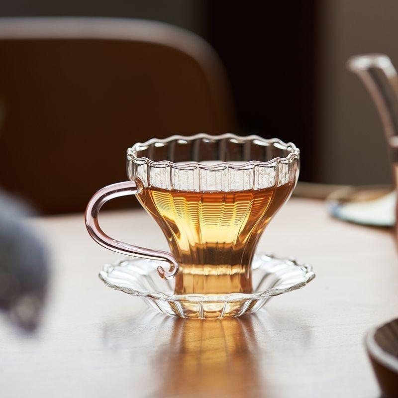 Простая полосатая стеклянная чашка для чая в европейском стиле с подносом, высокие термостойкие кофейные чашки из боросиликатного стекла