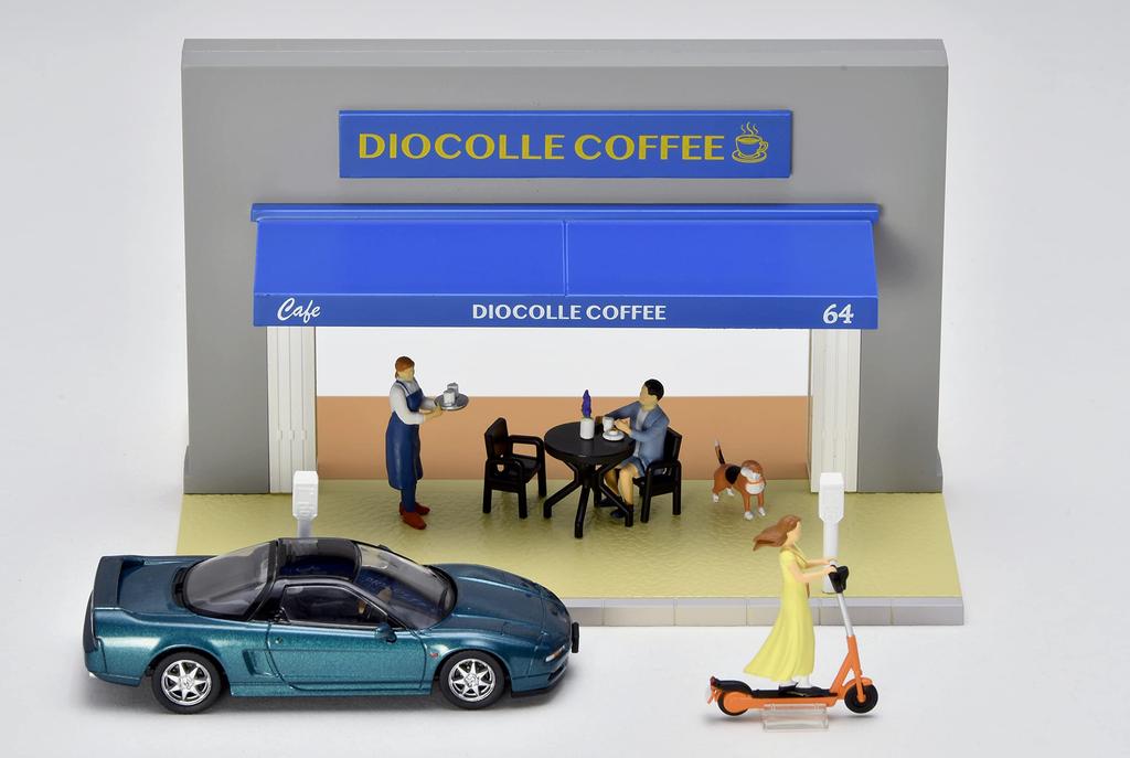 TOMYTEC DioColle 64 1/64 #CarSnap 21a Cafe Terrace ABS Resin/PVC Figure and Accessories (Painted, Partially Assembled) + Die-Cast Miniature Car Set
