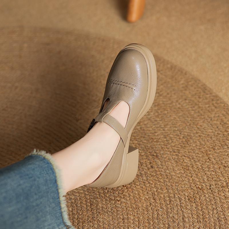 Krazing Pot Sheep Skin Spring Summer Size 41 Chunky Heels Women Round Toe Metal Buckle Platform Pumps