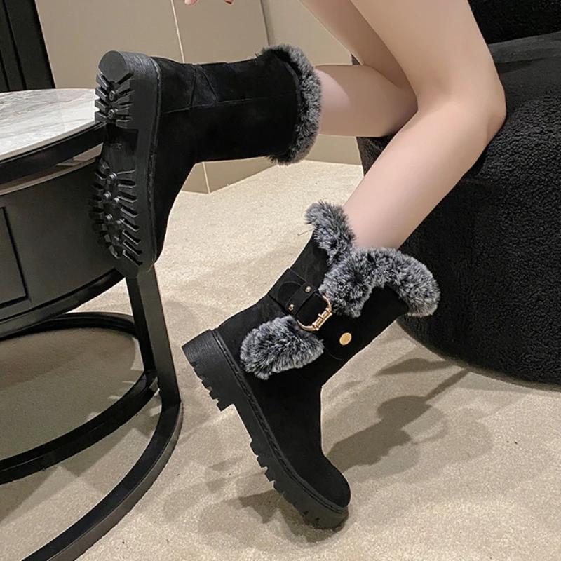 Модные замшевые рабочие женские зимние сапоги черные до середины икры с круглым носком на полувысоком элегантном среднем каблуке коричневые женские туфли весна 2024 с подкладкой