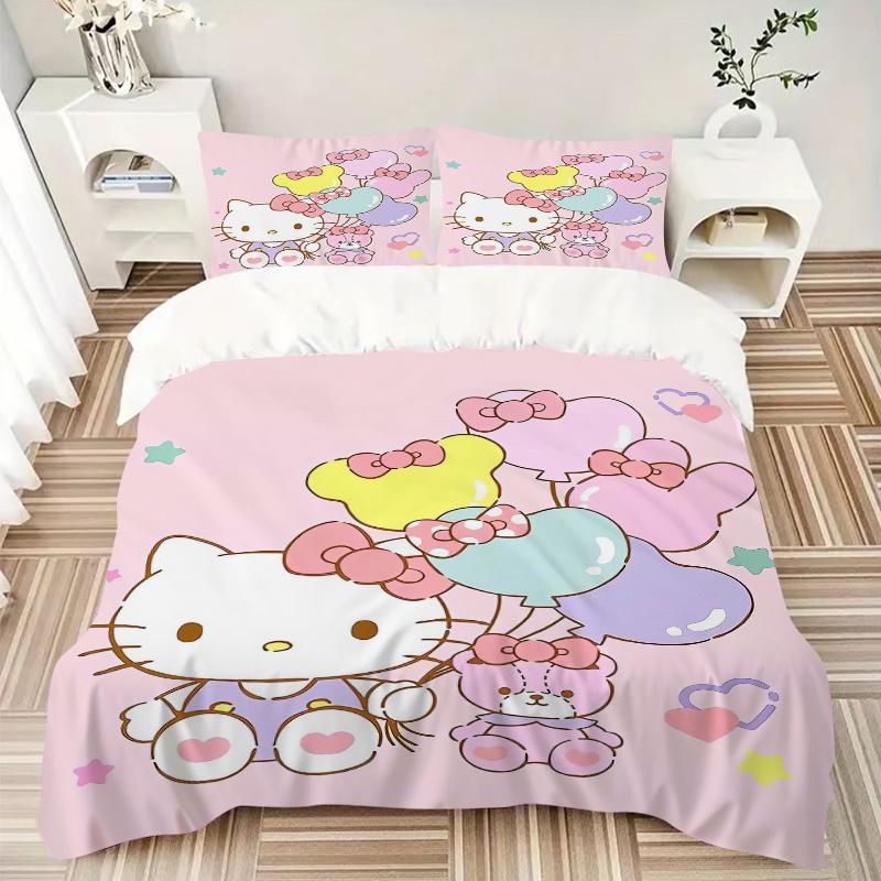 3 шт. Набор постельного белья с принтом мишек и Hello Kitty Sanrio (1 Пододеяльник + 2 Наволочки, Без Наполнителей), Мягкий и удобный W007