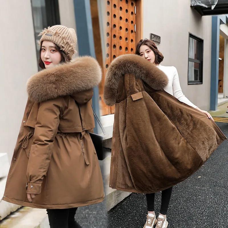 Women's Winter Plus Velvet Jacket Mid-length Korean Version of The Loose Big Fur Collar Fashion Thick Cotton Jacket