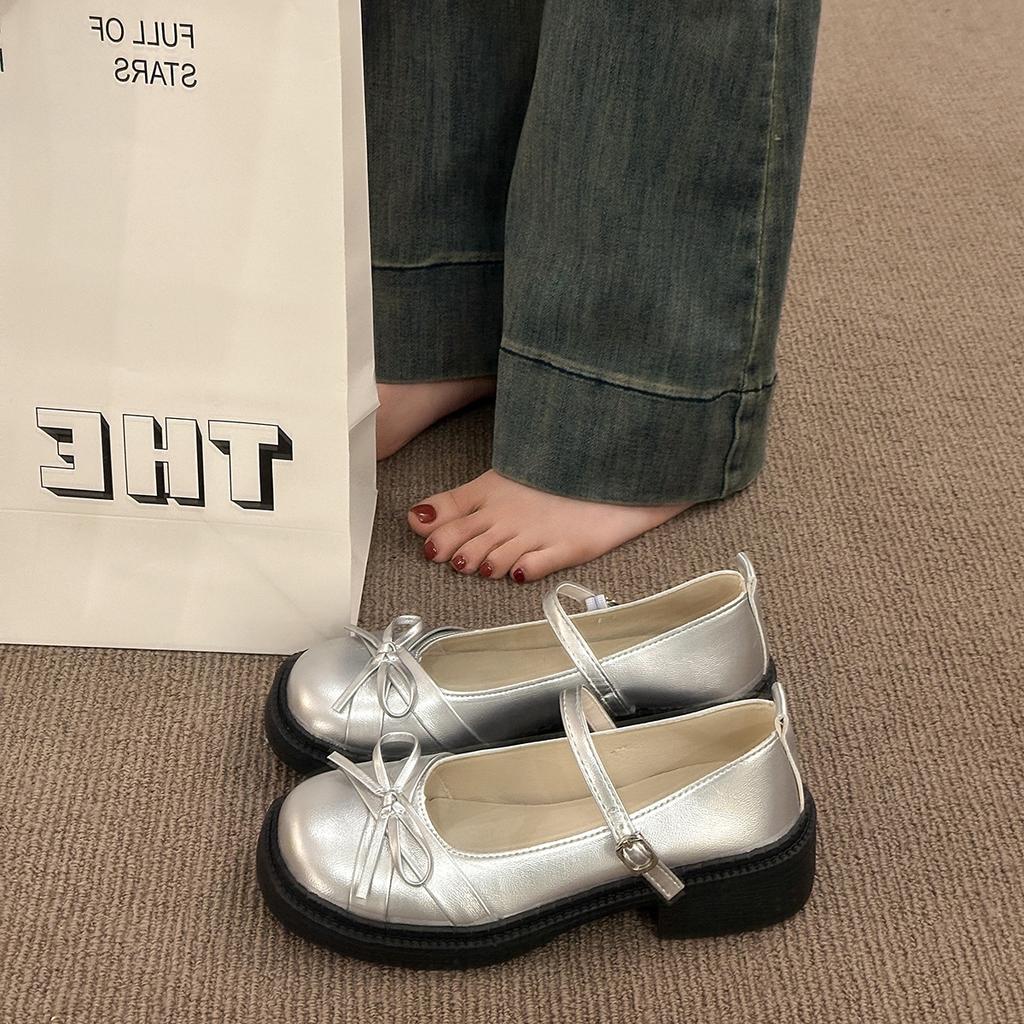 Туфли-лодочки с круглым носком и неглубоким вырезом, с бантом, весна 2025, новая модная универсальная модель Мэри Джейн, мягкая подошва, маленькие одинарные туфли, женская обувь
